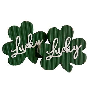 St Patricks Day Table Mantel Decor 3 Leaf “Lucky” Wooden Clover Shamrock 2pc Set
